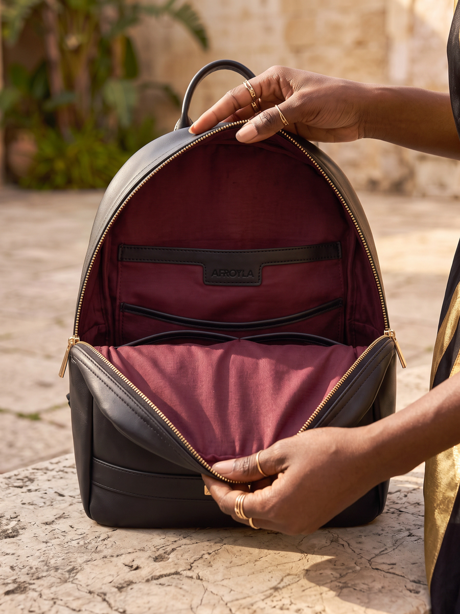 "Jamila" Black Applique Leather Backpack