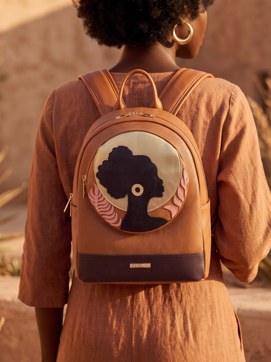 "Zahara" Brown Applique Leather Backpack
