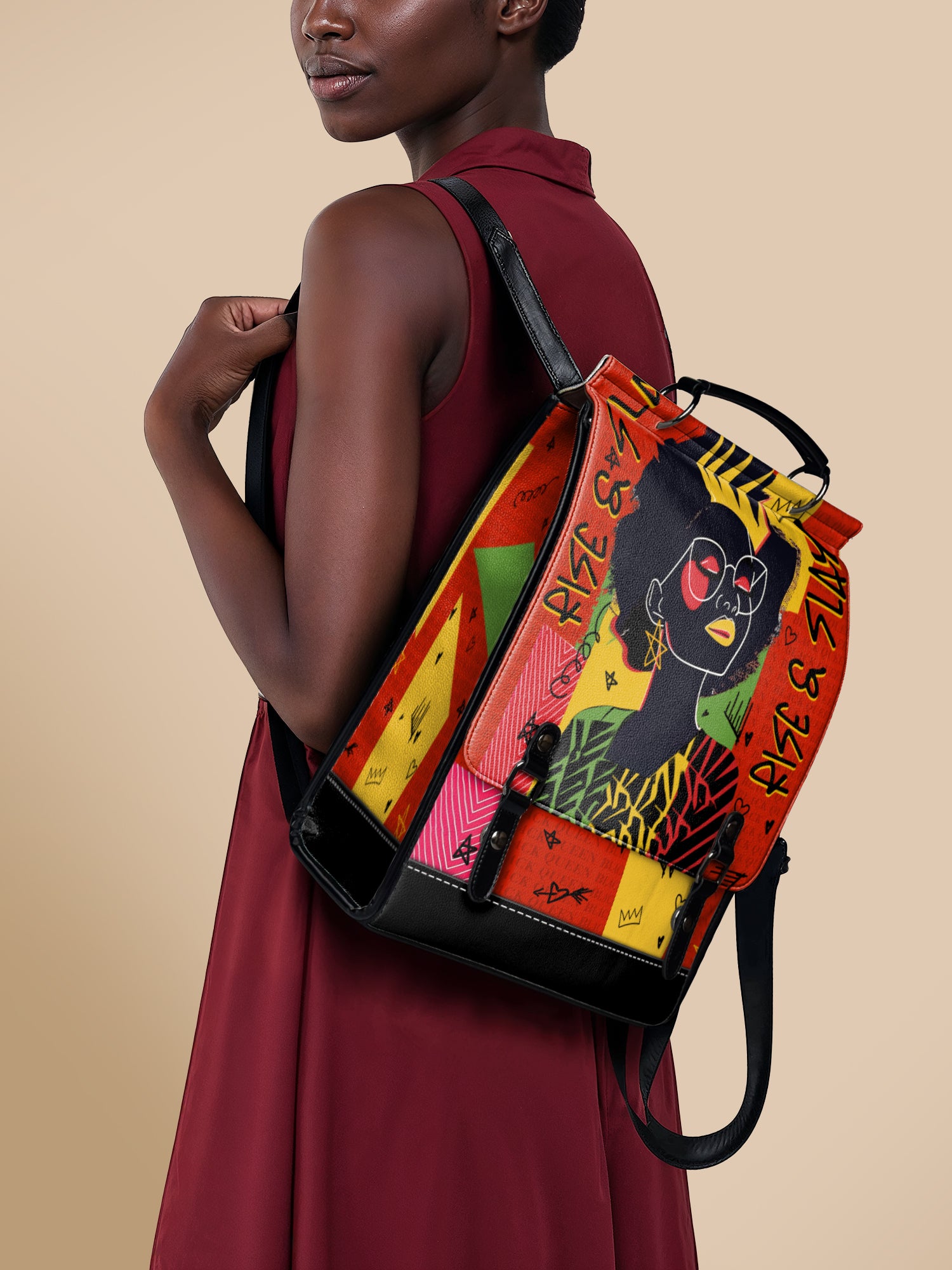 Black Girl Flame Red Leather Backpack — Black Owned Purse for Black Women