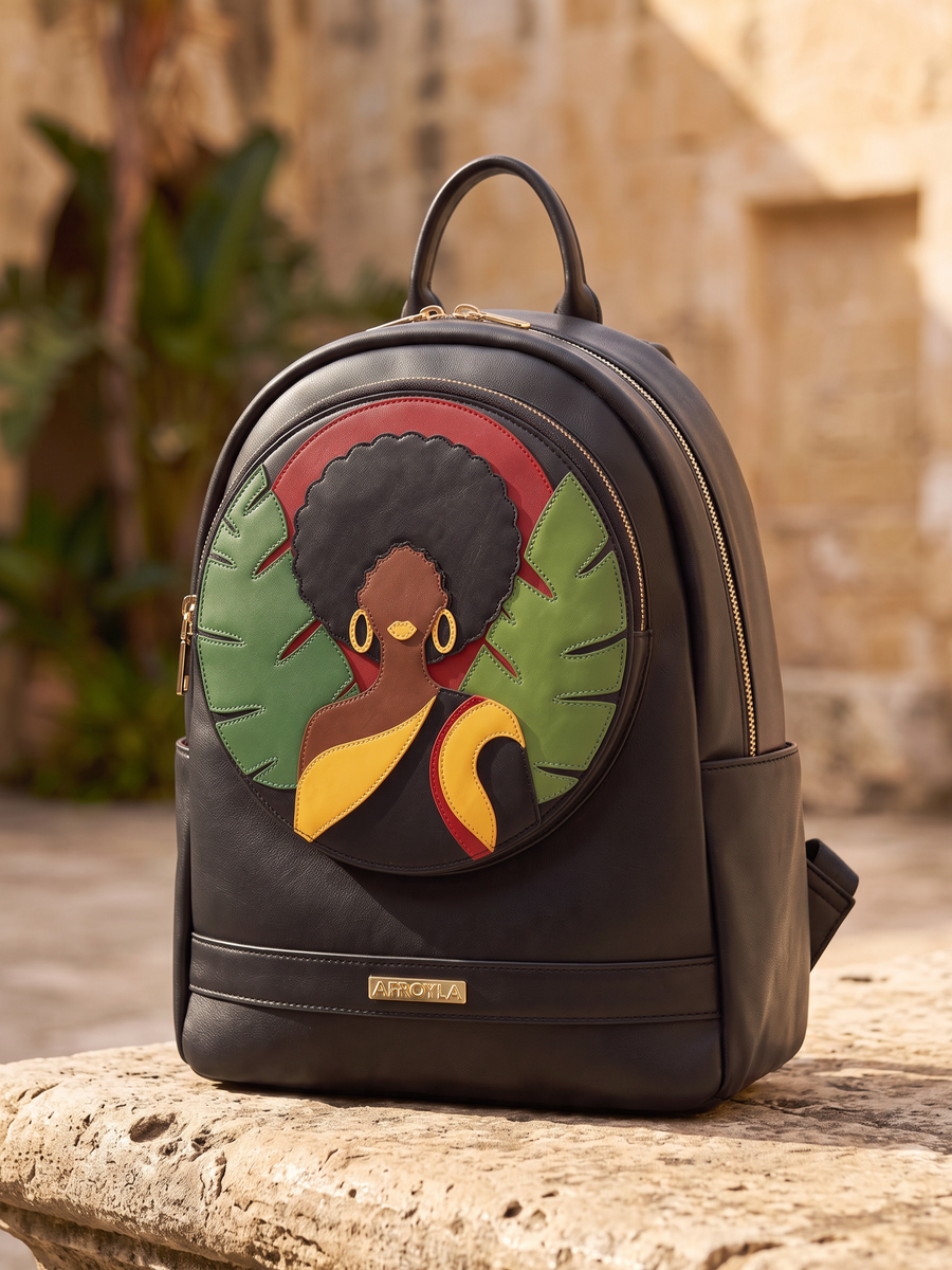 "Jamila" Black Applique Leather Backpack