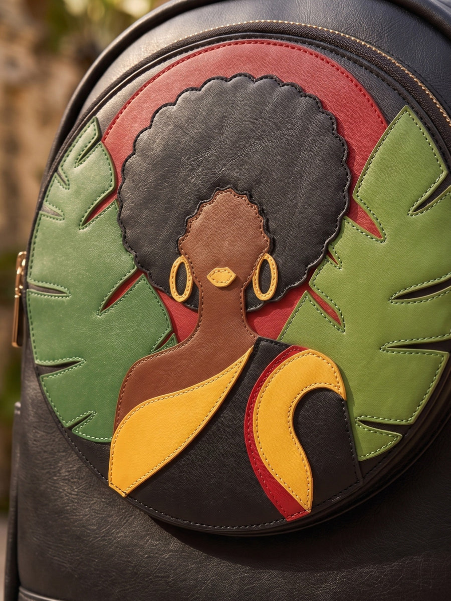 "Jamila" Black Applique Leather Backpack