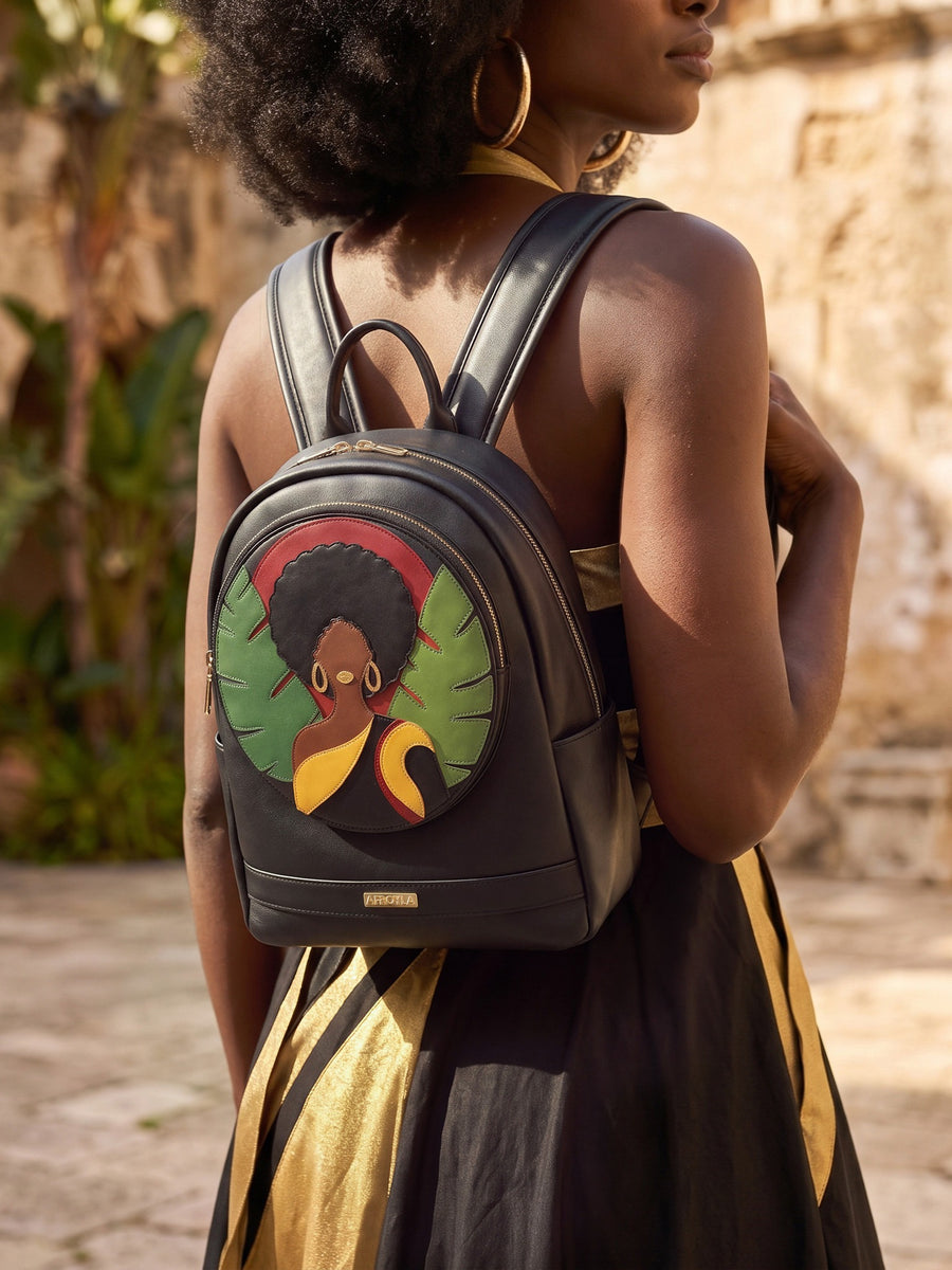 "Jamila" Black Applique Leather Backpack