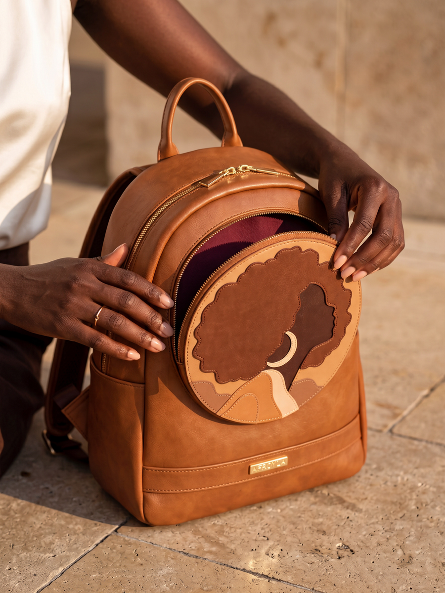 "Kamaria" Brown Applique Leather Backpack