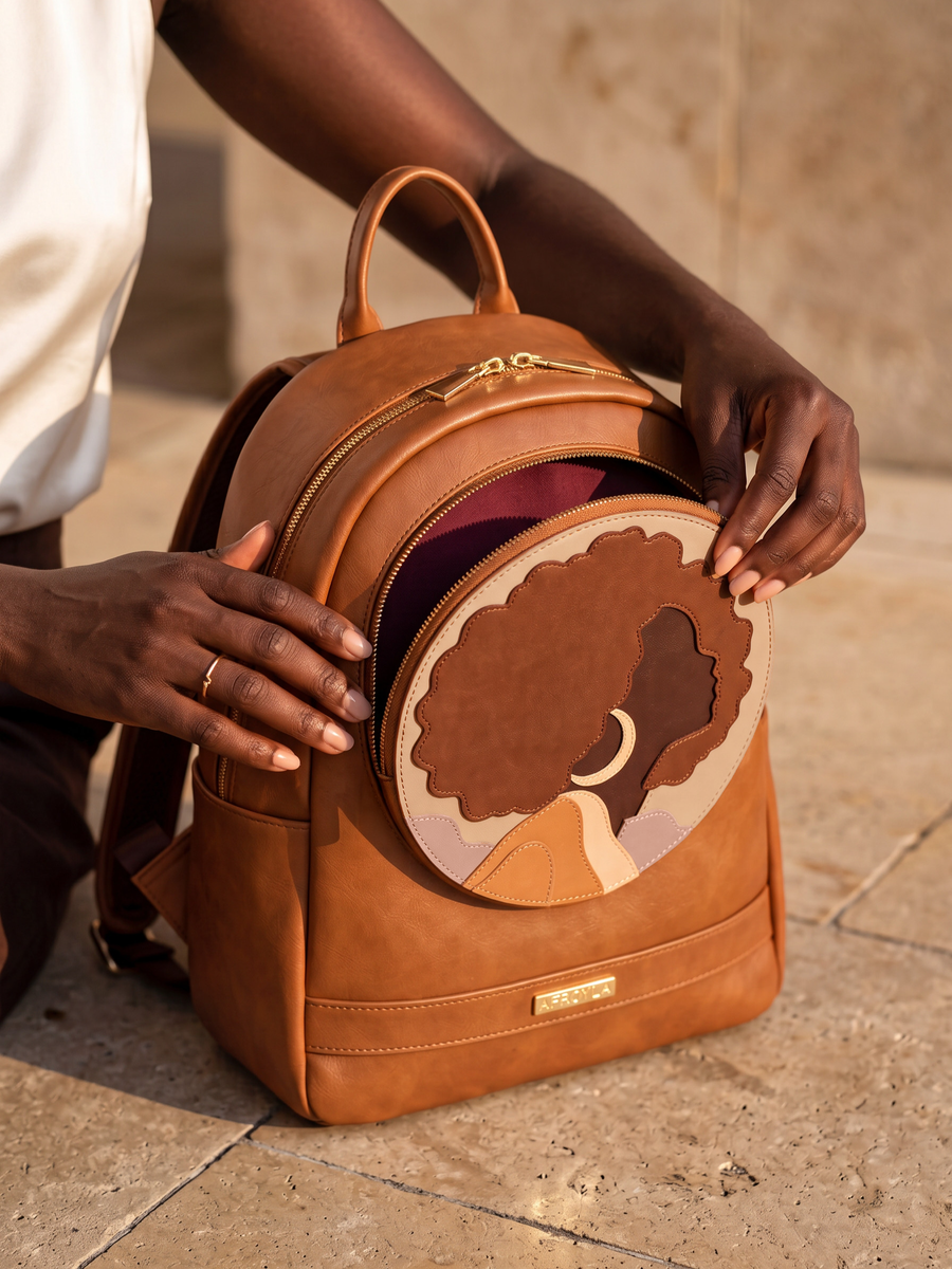 "Kamaria" Brown Applique Leather Backpack
