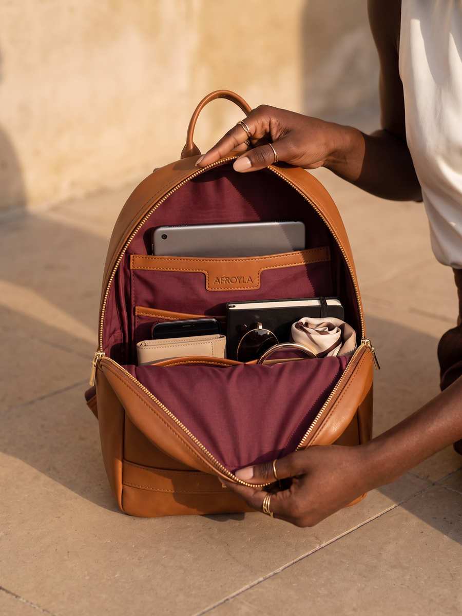 "Kamaria" Brown Applique Leather Backpack