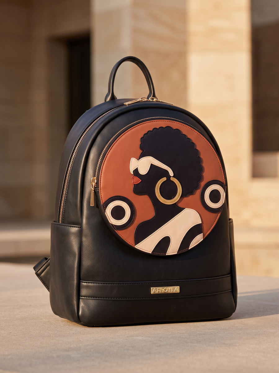 "Nubiya" Black Applique Leather Backpack