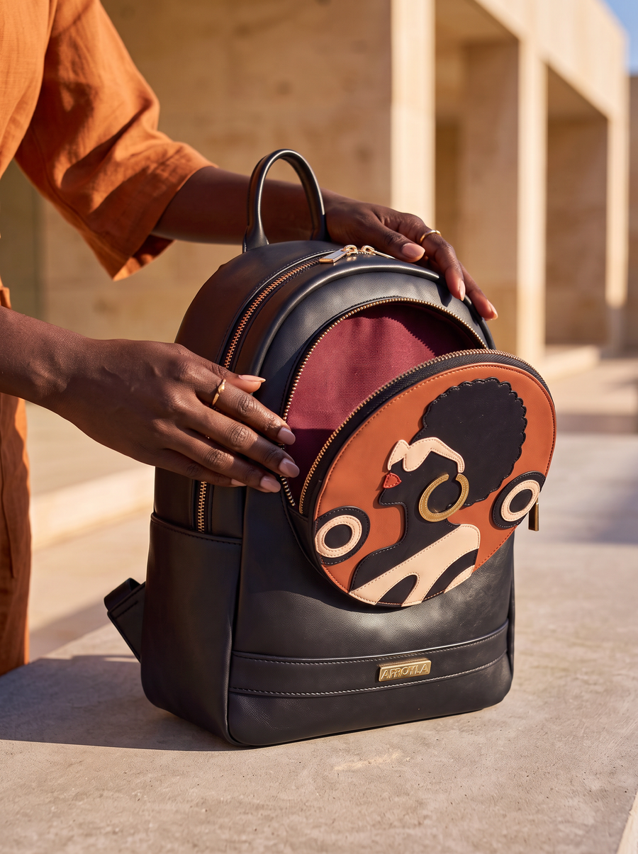 "Nubiya" Black Applique Leather Backpack