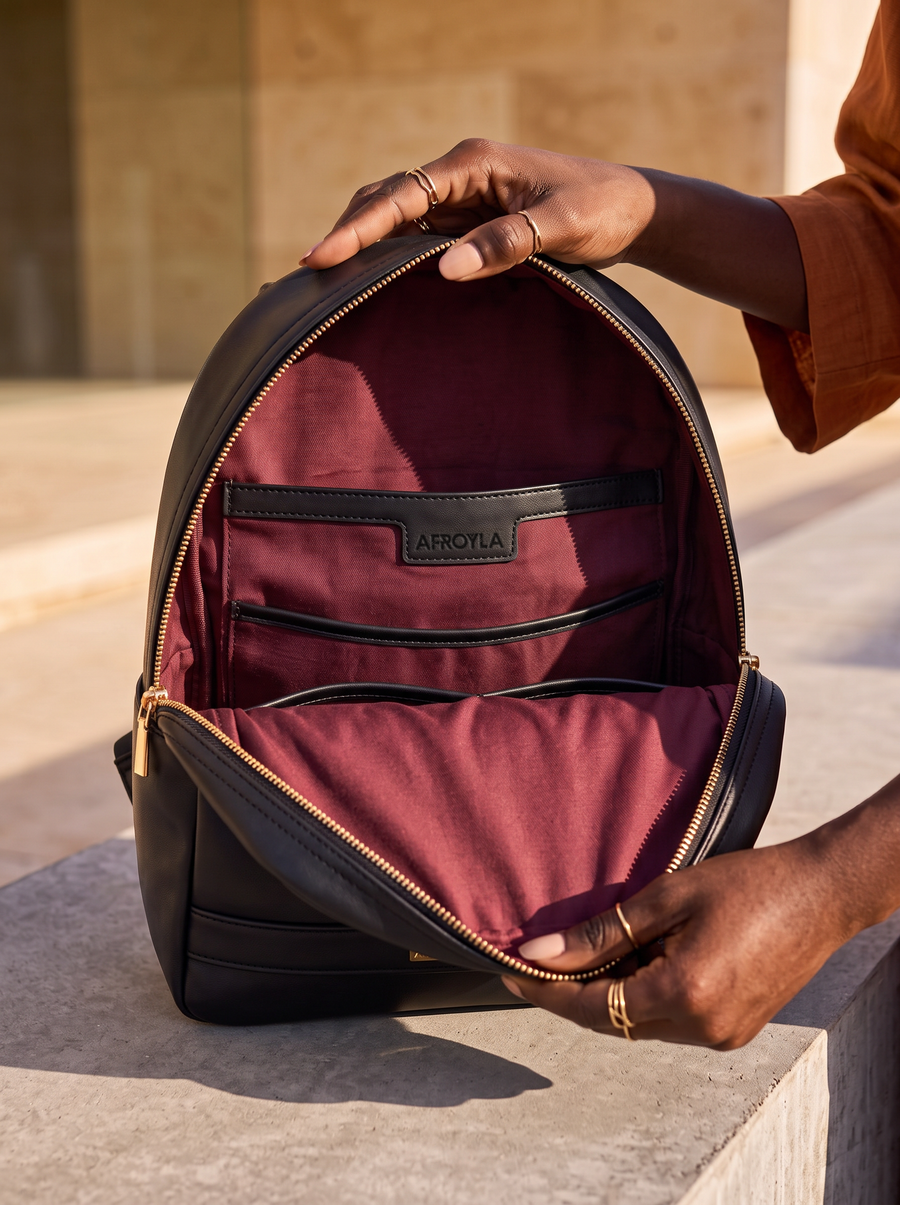 "Nubiya" Black Applique Leather Backpack
