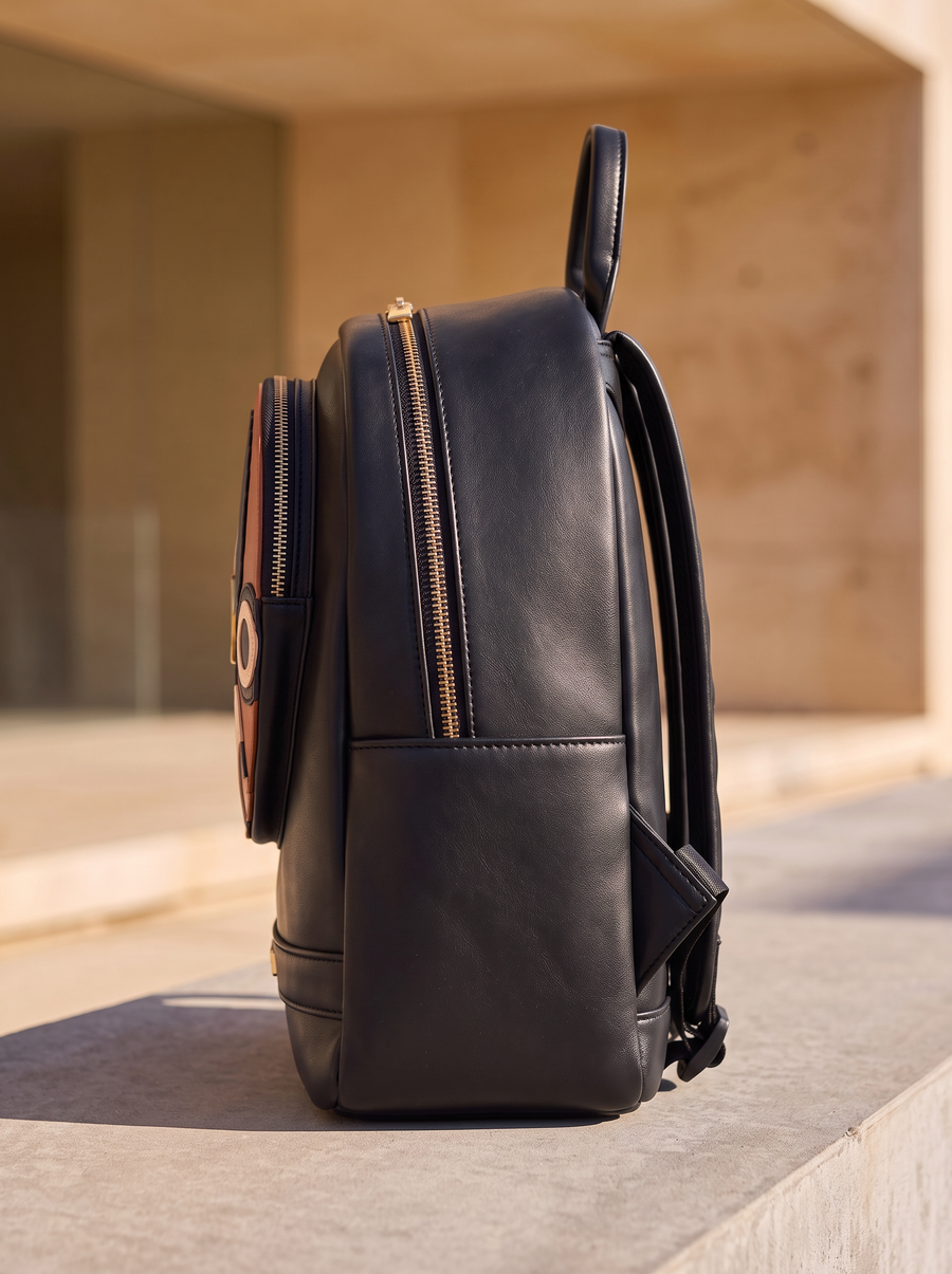 "Nubiya" Black Applique Leather Backpack