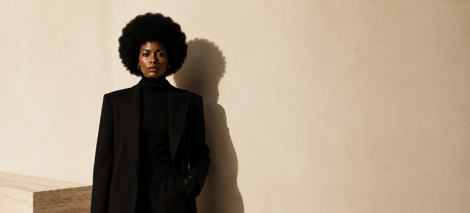 Afroyla editorial — model against bone plaster wall
