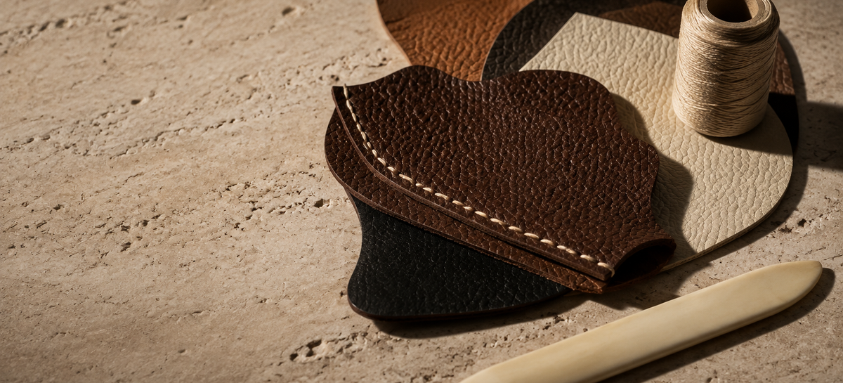 Layered leather applique pieces with saddle stitching