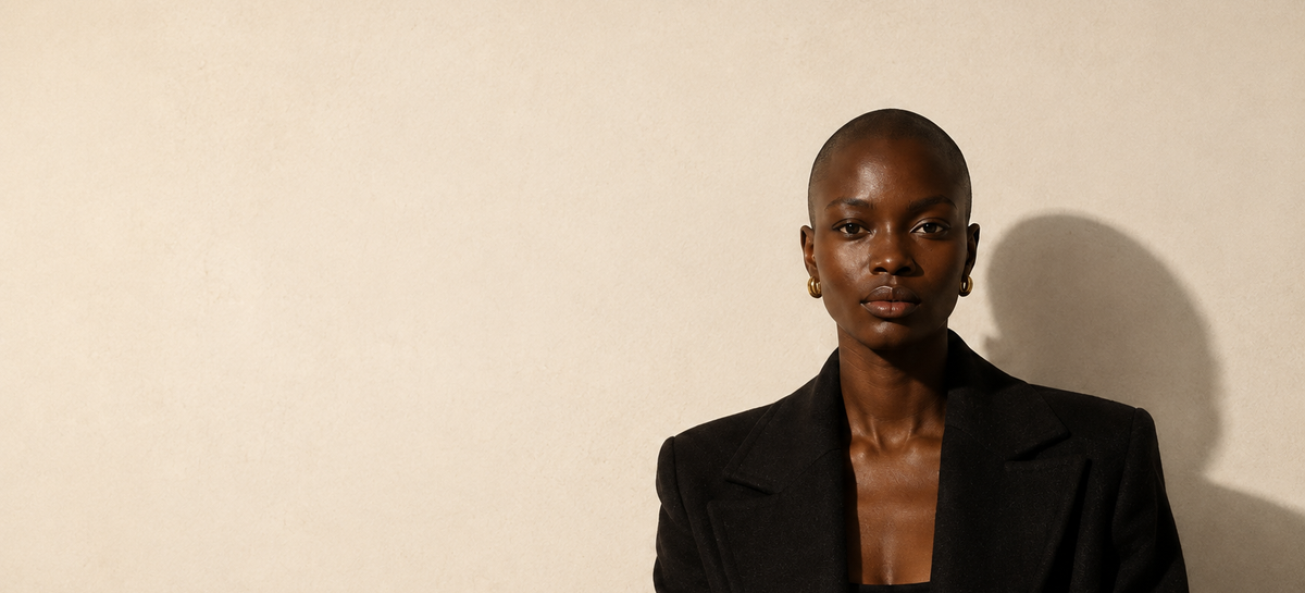 Afroyla editorial — seated portrait against bone plaster wall