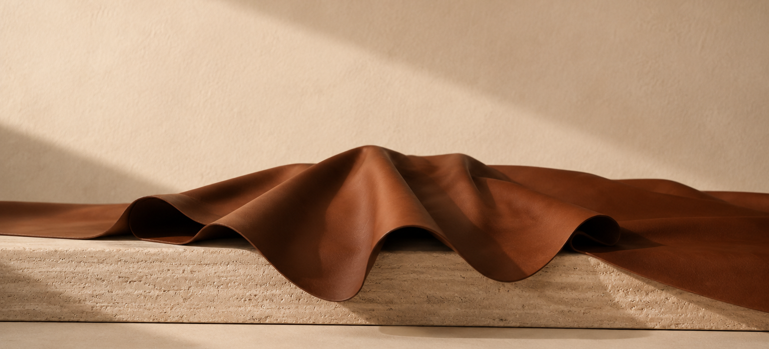 Soft leather sheet draped over a travertine block