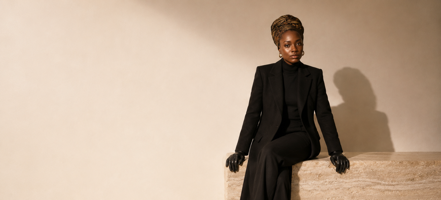 Afroyla editorial — model perched on travertine block