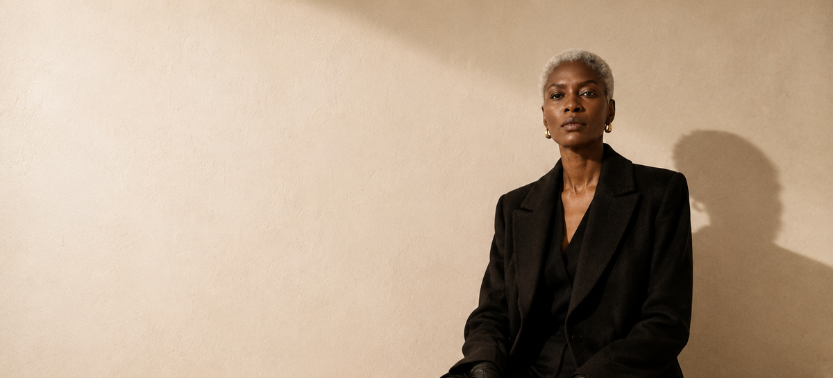 Afroyla editorial — silver-haired model seated on travertine