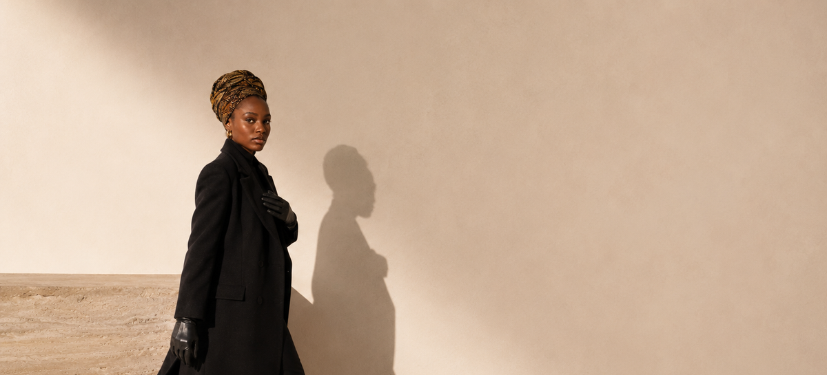 Afroyla editorial — model mid-stride against bone plaster wall