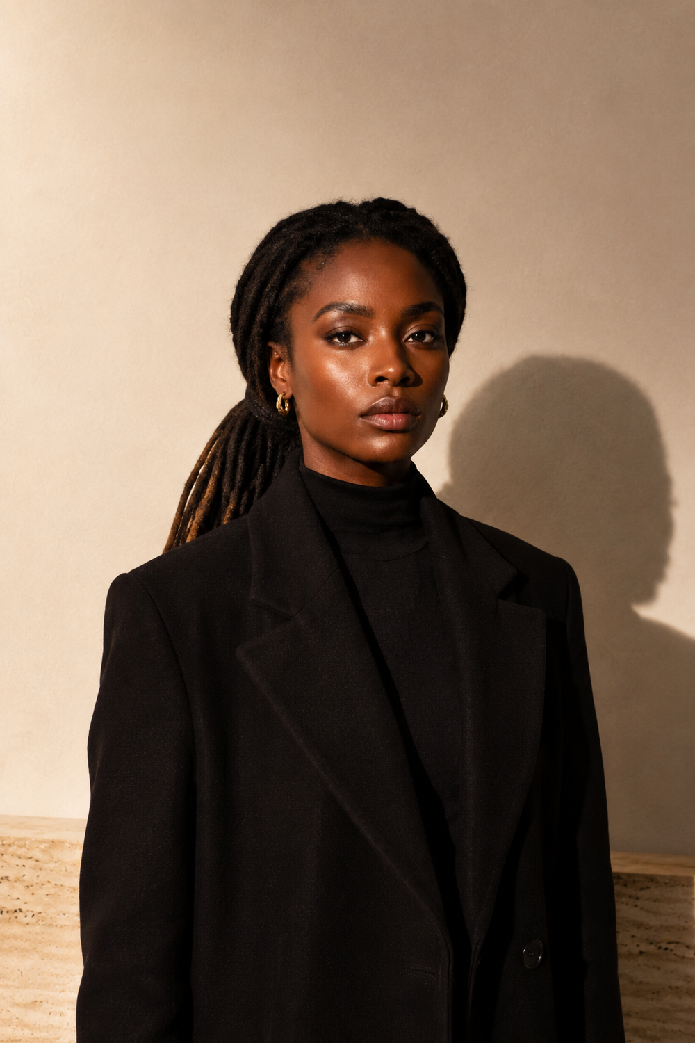 Afroyla editorial — model with tied-back locs, chest-up portrait