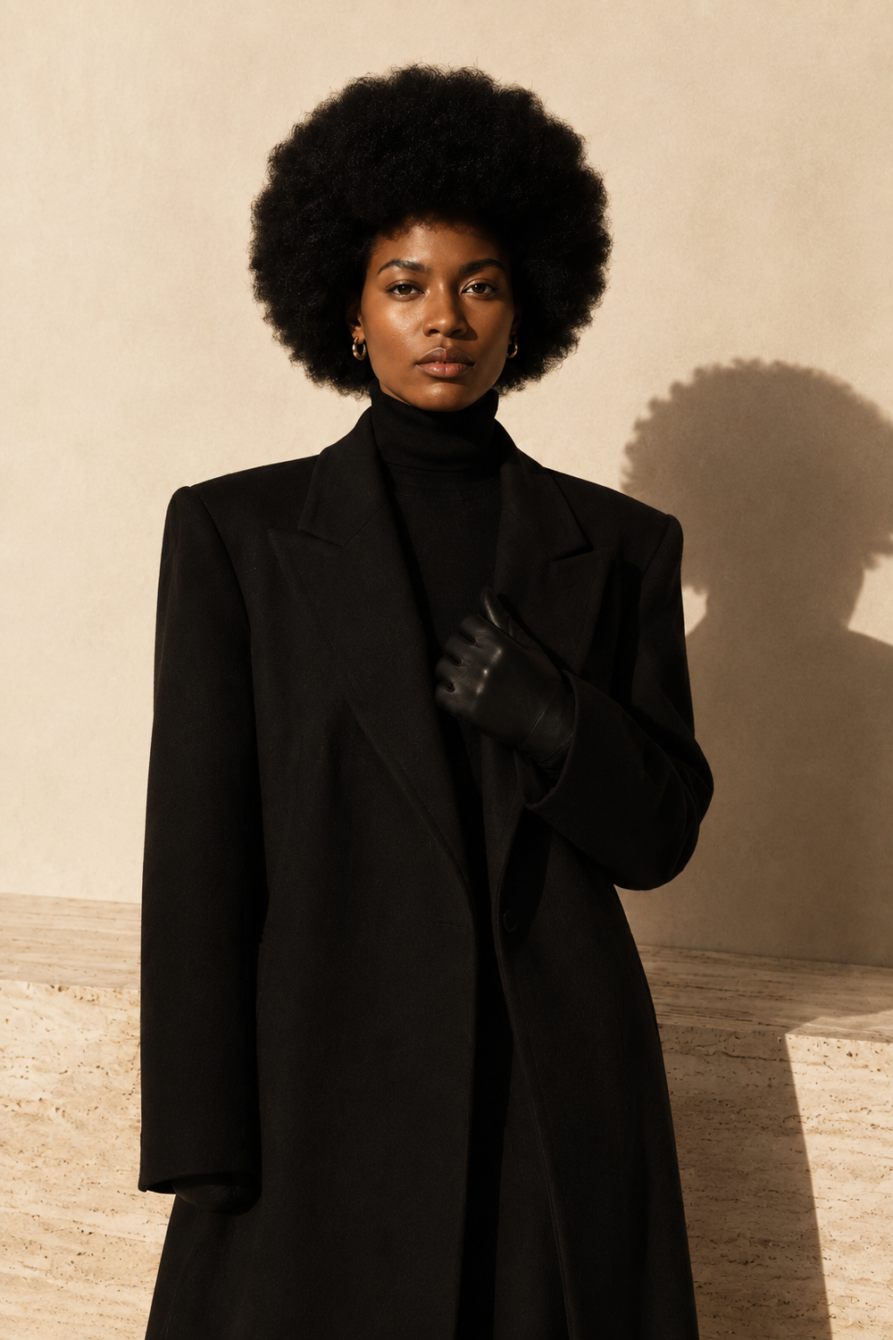 Afroyla editorial — model with natural afro, black tailoring, bone plaster wall