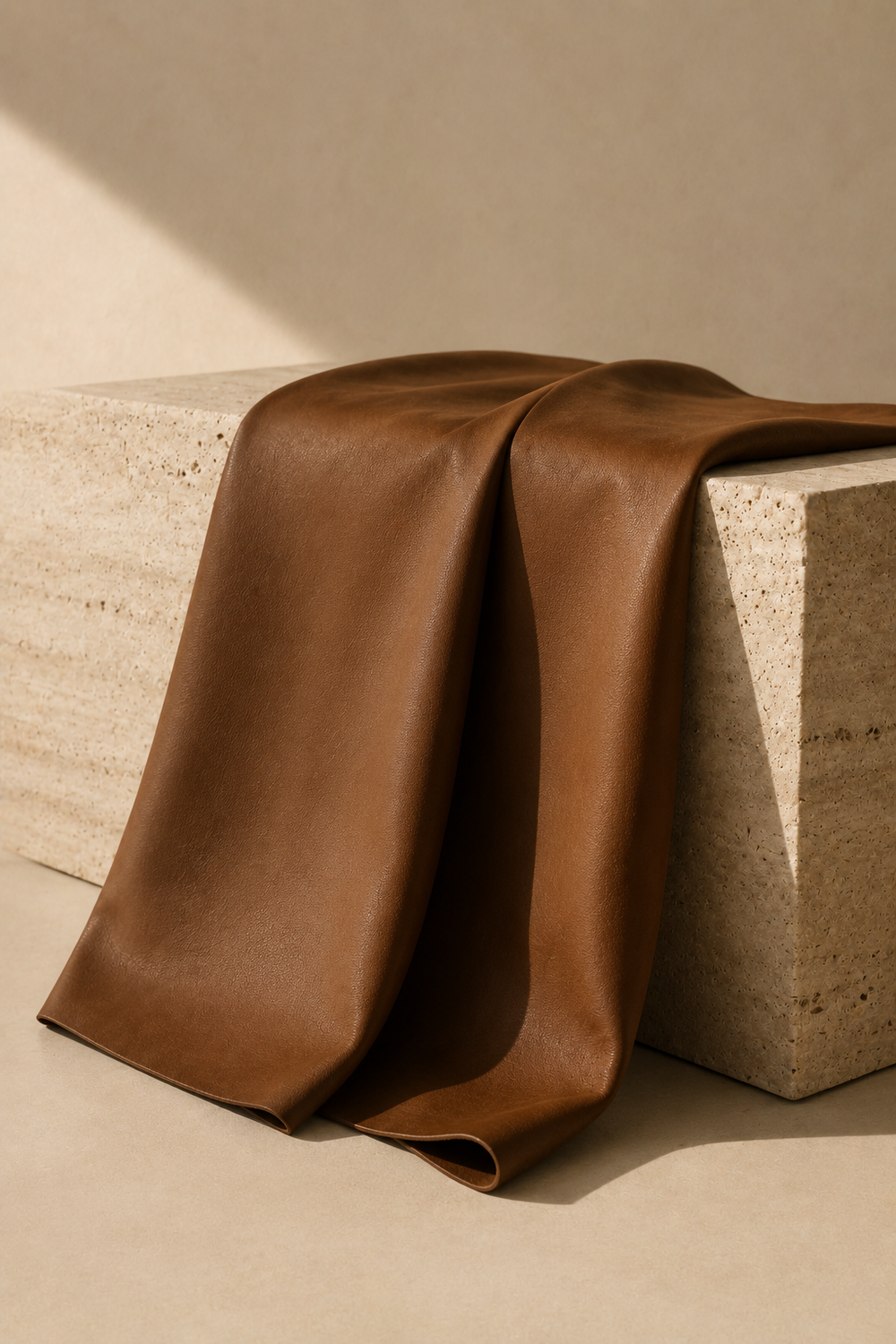 Soft chestnut leather draped over a travertine block