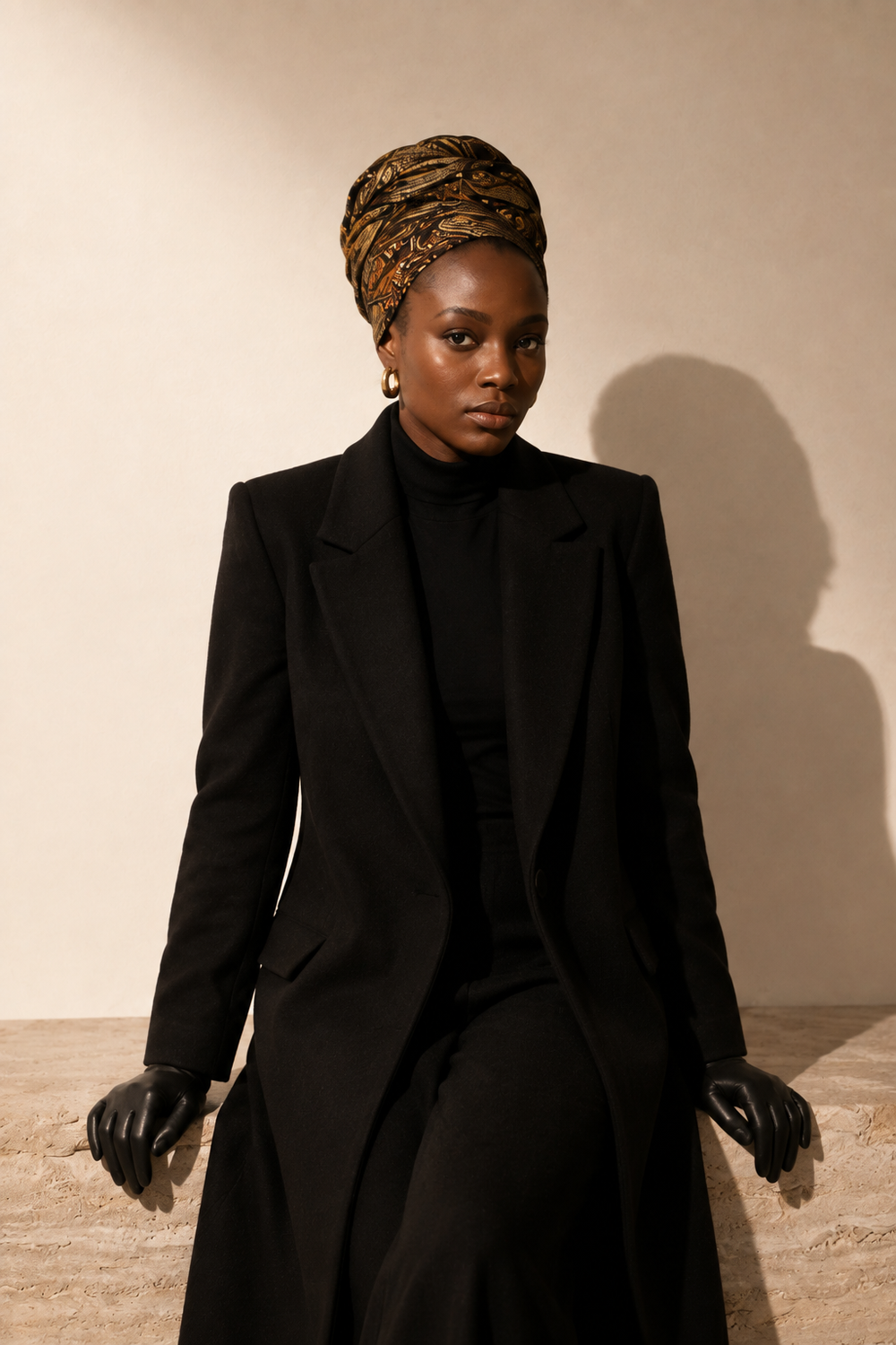Afroyla editorial — head-wrapped model perched on travertine