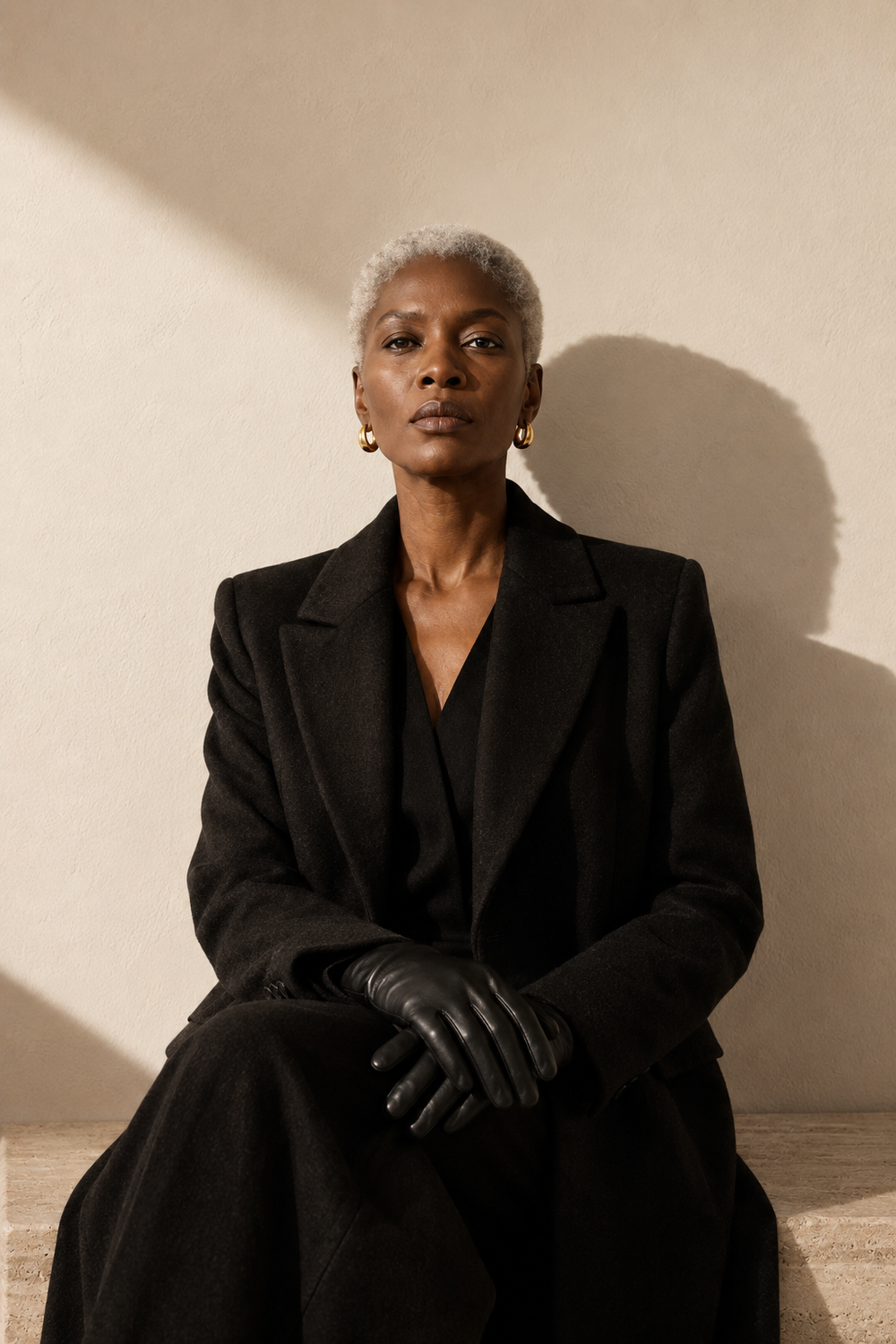 Afroyla editorial — silver-haired model seated in black tailoring