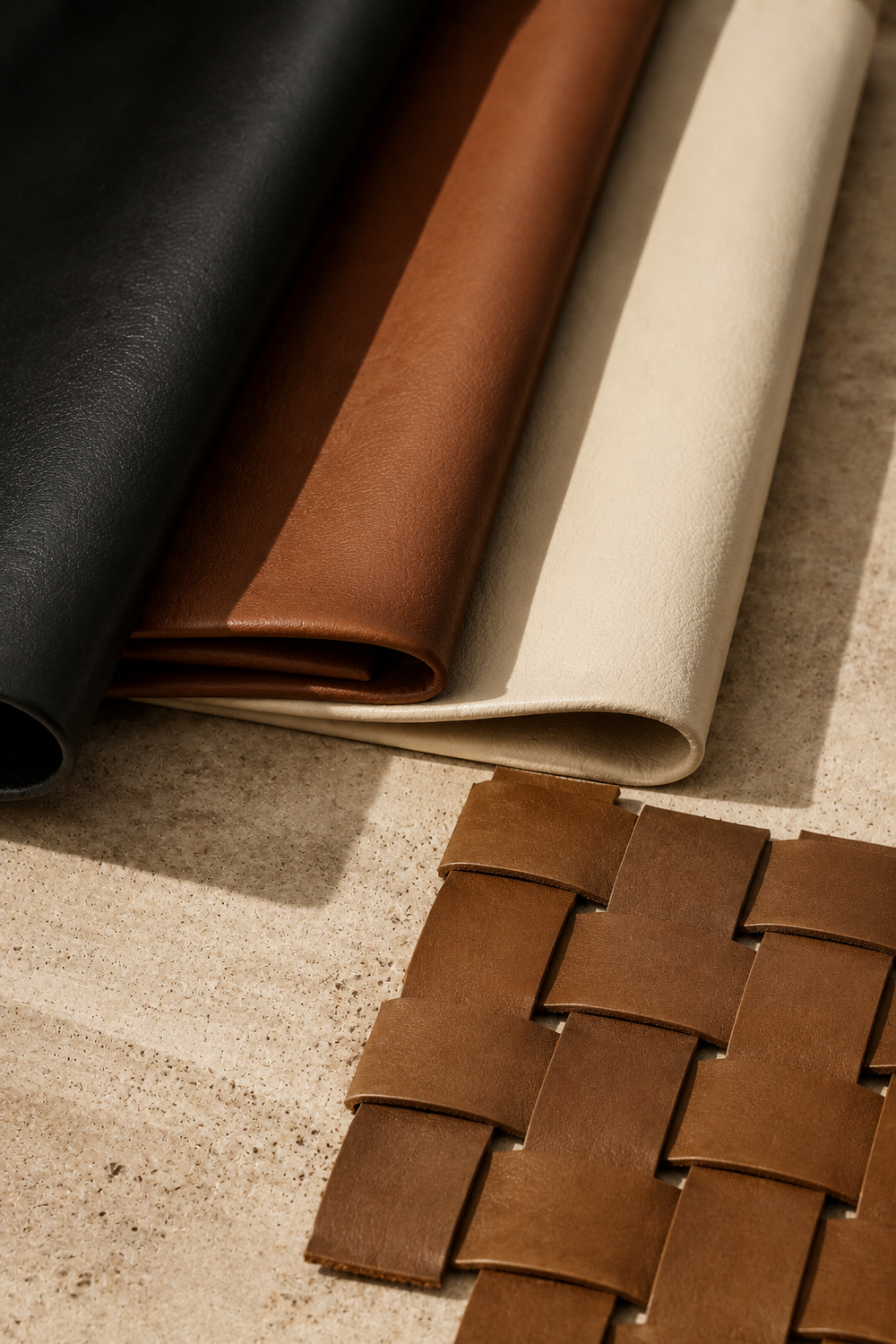 Folded leather bolts and woven leather panel on travertine