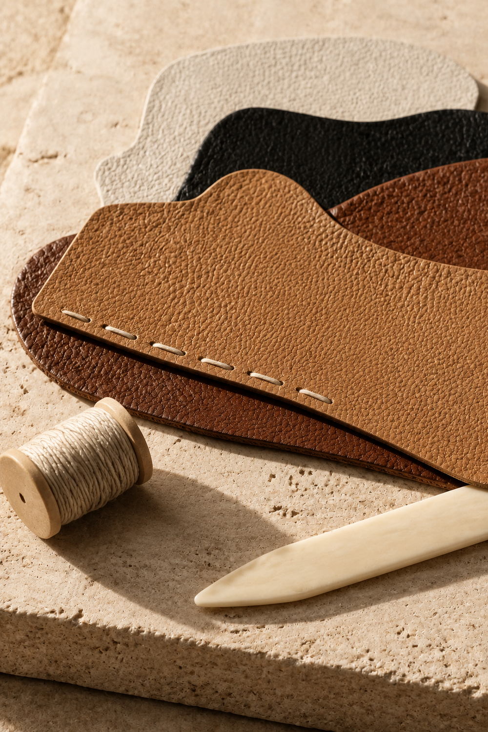 Layered leather pieces with saddle stitching on travertine